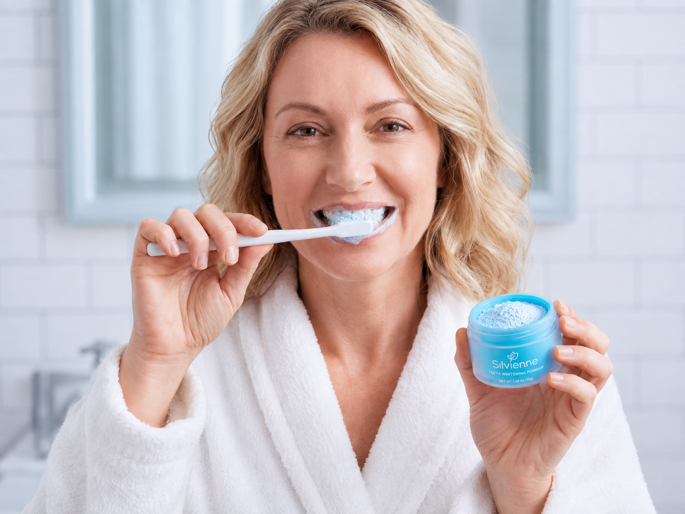 Woman brushing her teeth with teeth whitening powder