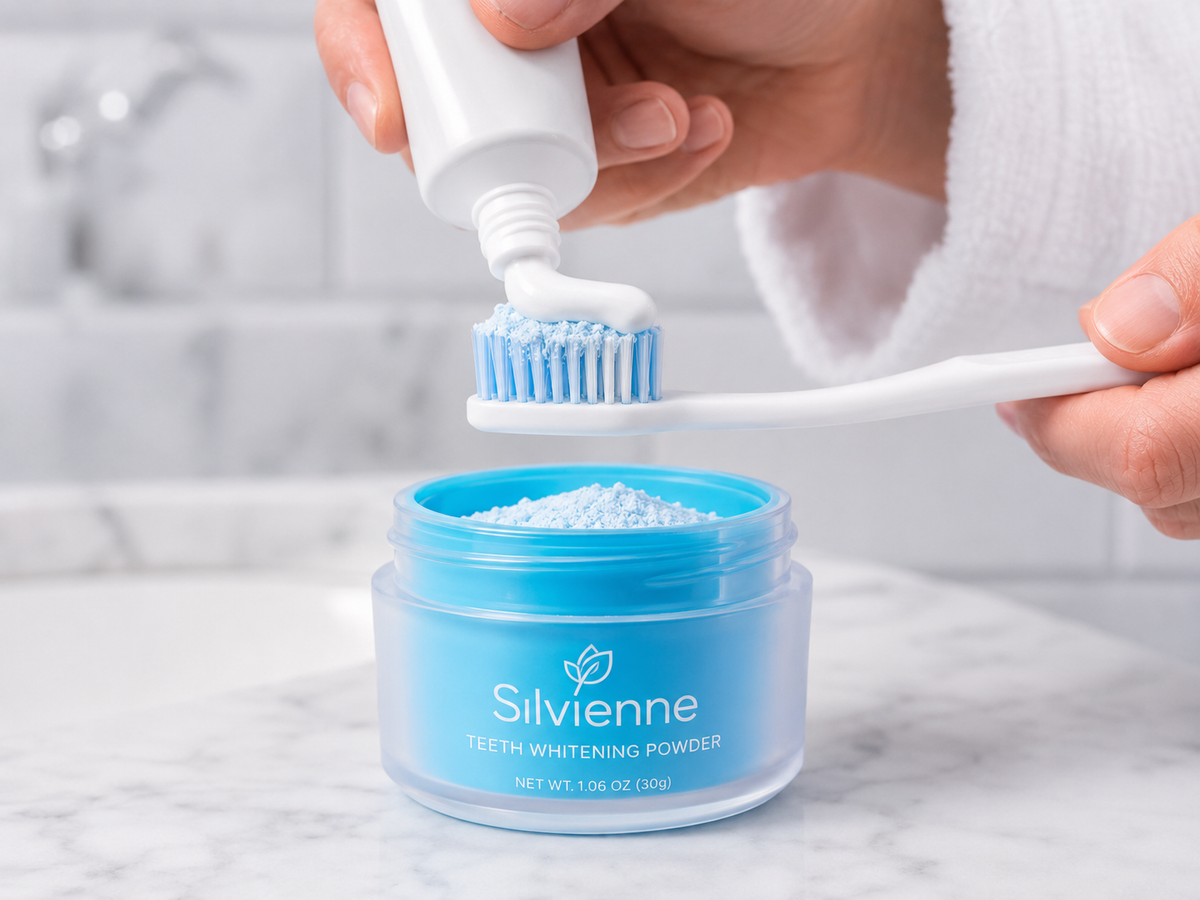 Toothpaste added to a toothbrush with whitening powder