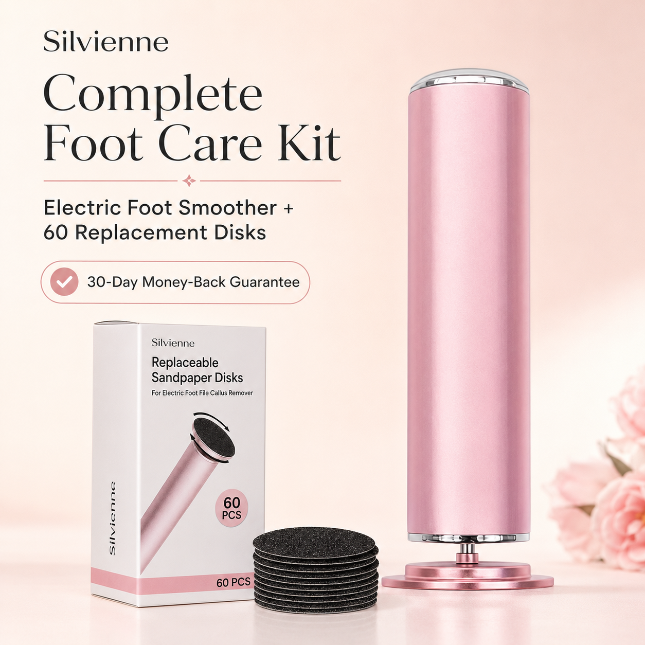 Silvienne electric foot smoother complete kit in Blush Pink with 60 replacement sanding disks