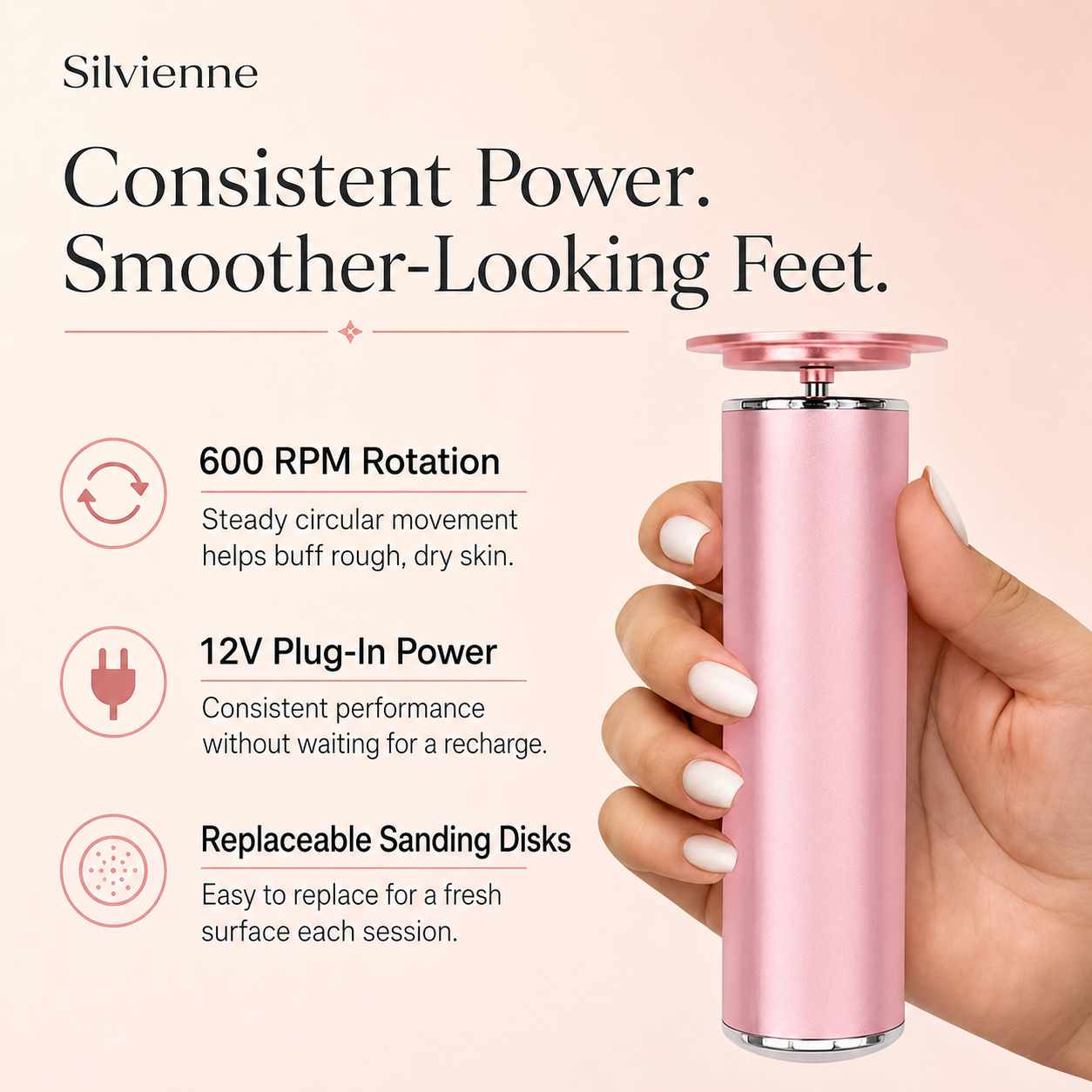 Silvienne electric foot smoother specifications: 600 RPM, 12V plug-in power and replaceable disks